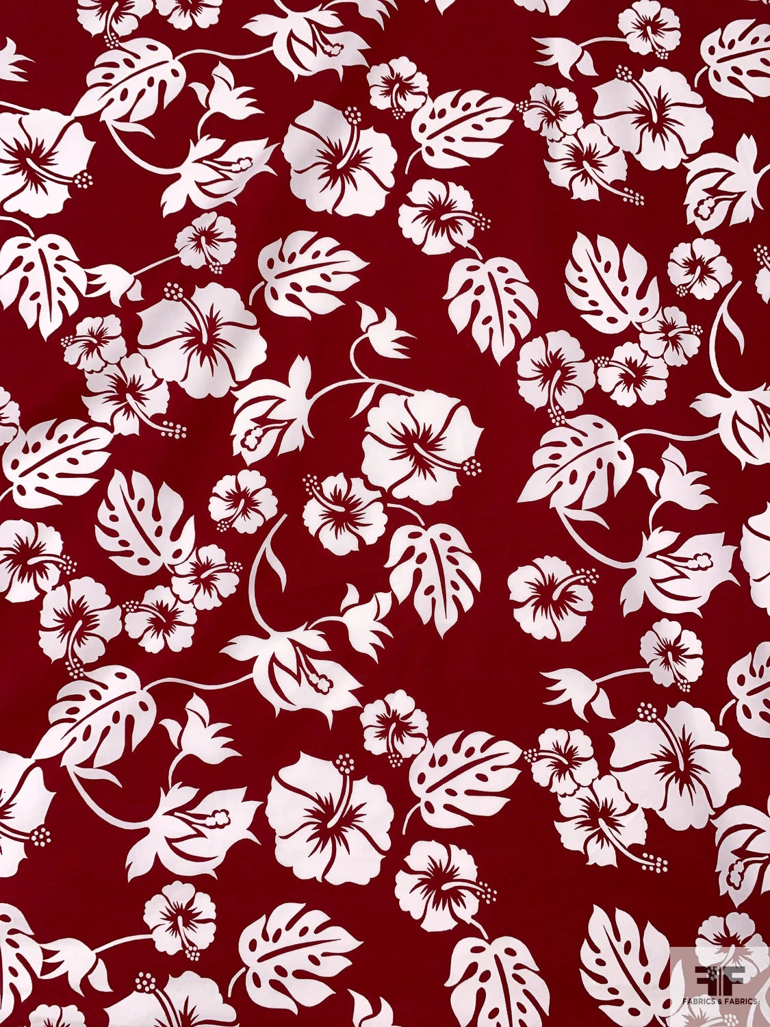 Leaf And Floral Printed Fine Cotton Twill - Dark Red / Off-White 3 Leaf And Floral Printed Fine Cotton Twill - Dark Red / Off-White