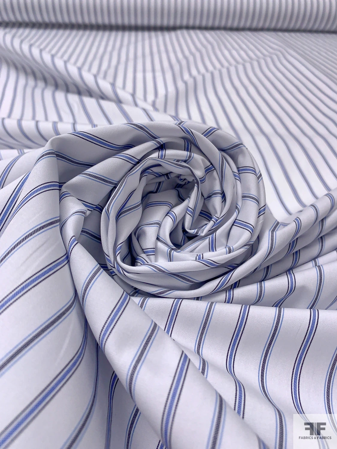 Italian Striped Yarn-Dyed Fine Poplin Cotton Shirting - Blue / White / Black 3 Italian Striped Yarn-Dyed Fine Poplin Cotton Shirting - Blue / White / Black
