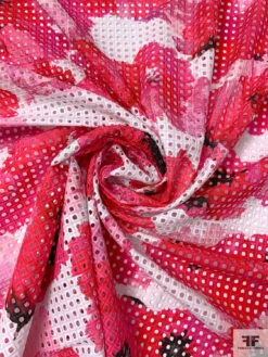 Italian Watercolor Floral Printed Cotton Eyelet - Hot Pinks / Black / White