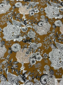 Italian Nautical Floral Printed Cotton Lawn - Sepia Brown / White / Black