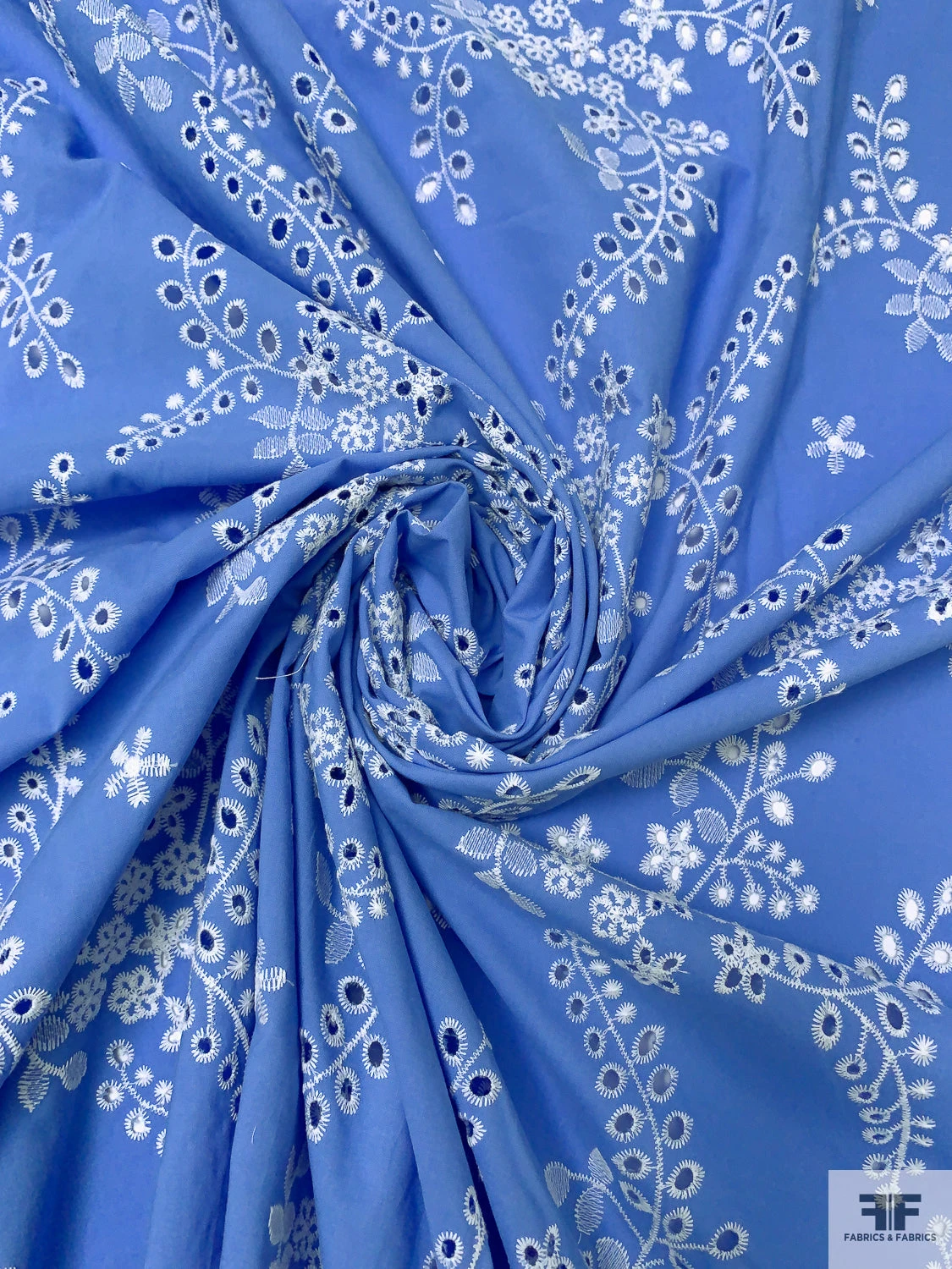 Leaf And Floral Embroidered Cotton Eyelet - Carolina Blue / White 6 Leaf And Floral Embroidered Cotton Eyelet - Carolina Blue / White - Image 4