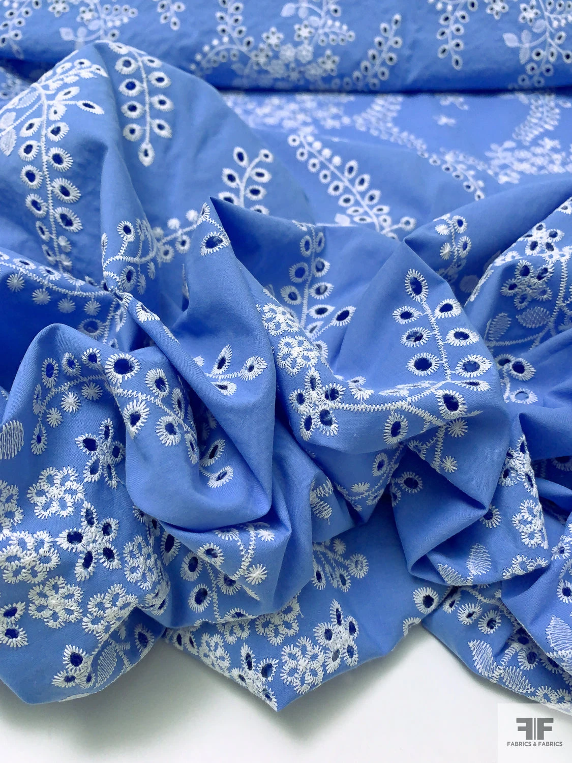 Leaf And Floral Embroidered Cotton Eyelet - Carolina Blue / White 12 Leaf And Floral Embroidered Cotton Eyelet - Carolina Blue / White - Image 10