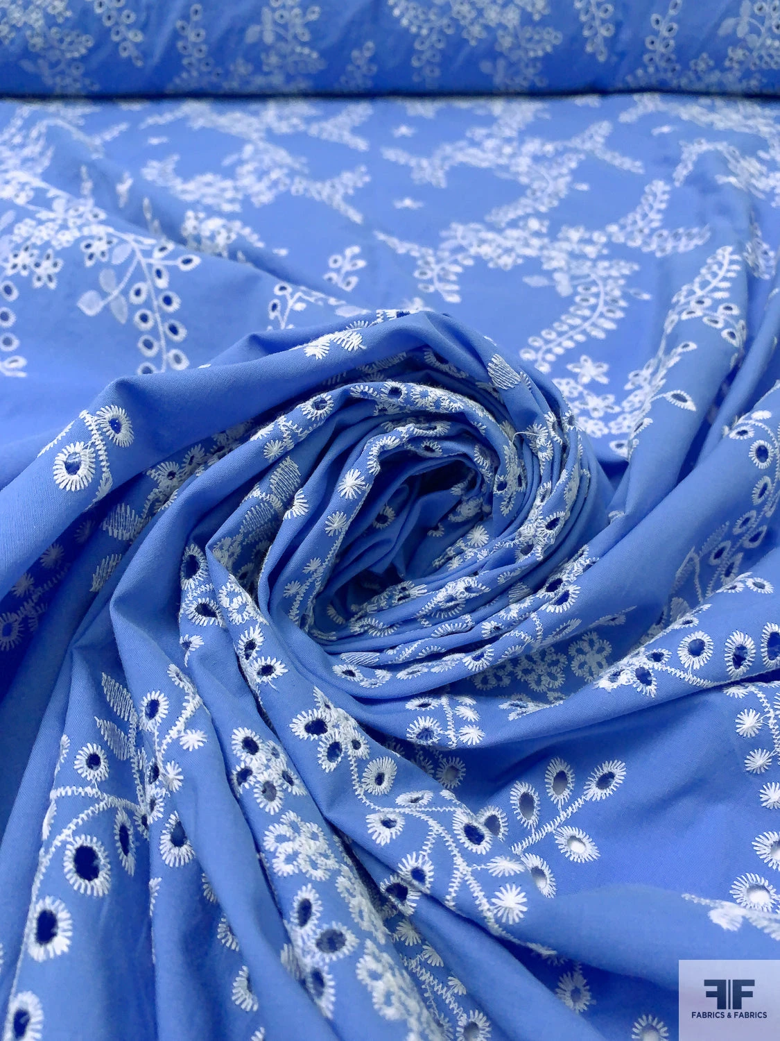 Leaf And Floral Embroidered Cotton Eyelet - Carolina Blue / White 7 Leaf And Floral Embroidered Cotton Eyelet - Carolina Blue / White - Image 5