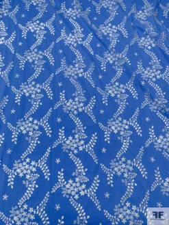 Leaf And Floral Embroidered Cotton Eyelet - Carolina Blue / White