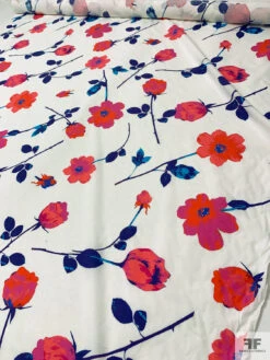 Italian Vibrant Floral Printed Cotton Shirting - Hot Coral / Magenta / Blue / Off-White -Fabrics And Fabrics Store 20269 7
