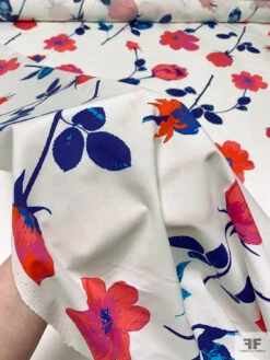 Italian Vibrant Floral Printed Cotton Shirting - Hot Coral / Magenta / Blue / Off-White -Fabrics And Fabrics Store 20269 8
