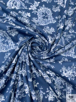 Italian Toile De Jouy Garden Arches Printed Cotton Sateen-Lawn - Navy / Off-White -Fabrics And Fabrics Store 20273 1