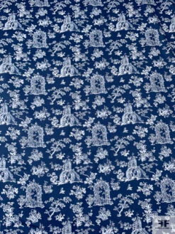 Italian Toile De Jouy Garden Arches Printed Cotton Sateen-Lawn - Navy / Off-White