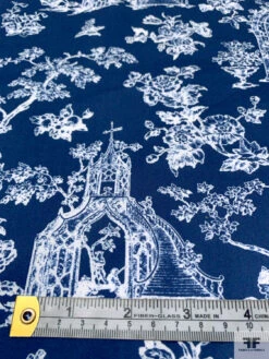 Italian Toile De Jouy Garden Arches Printed Cotton Sateen-Lawn - Navy / Off-White -Fabrics And Fabrics Store 20273 5