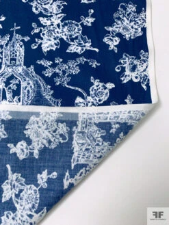 Italian Toile De Jouy Garden Arches Printed Cotton Sateen-Lawn - Navy / Off-White -Fabrics And Fabrics Store 20273 6