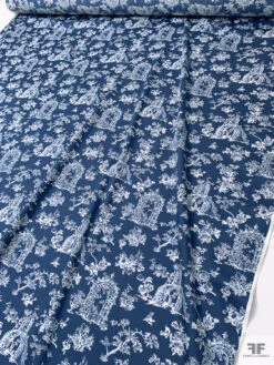 Italian Toile De Jouy Garden Arches Printed Cotton Sateen-Lawn - Navy / Off-White -Fabrics And Fabrics Store 20273 7