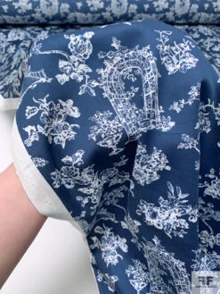 Italian Toile De Jouy Garden Arches Printed Cotton Sateen-Lawn - Navy / Off-White -Fabrics And Fabrics Store 20273 8