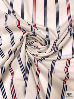 Vertical Striped Printed Cotton Lawn - Off-White / Navy Blue / Red