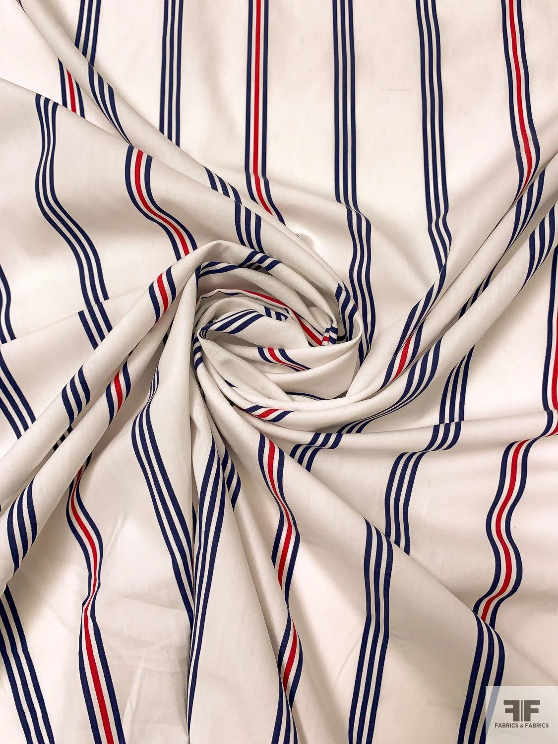 Vertical Striped Printed Cotton Lawn - Off-White / Navy Blue / Red 3 Vertical Striped Printed Cotton Lawn - Off-White / Navy Blue / Red