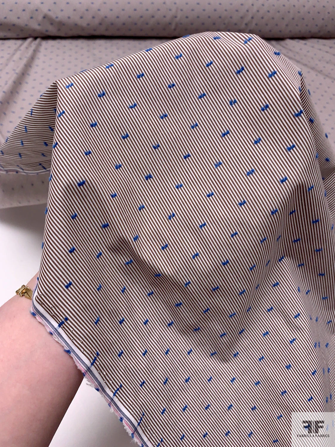 Yarn-Dyed Striped Swiss Dot Cotton Shirting - Brown / White / Blue 10 Yarn-Dyed Striped Swiss Dot Cotton Shirting - Brown / White / Blue - Image 8