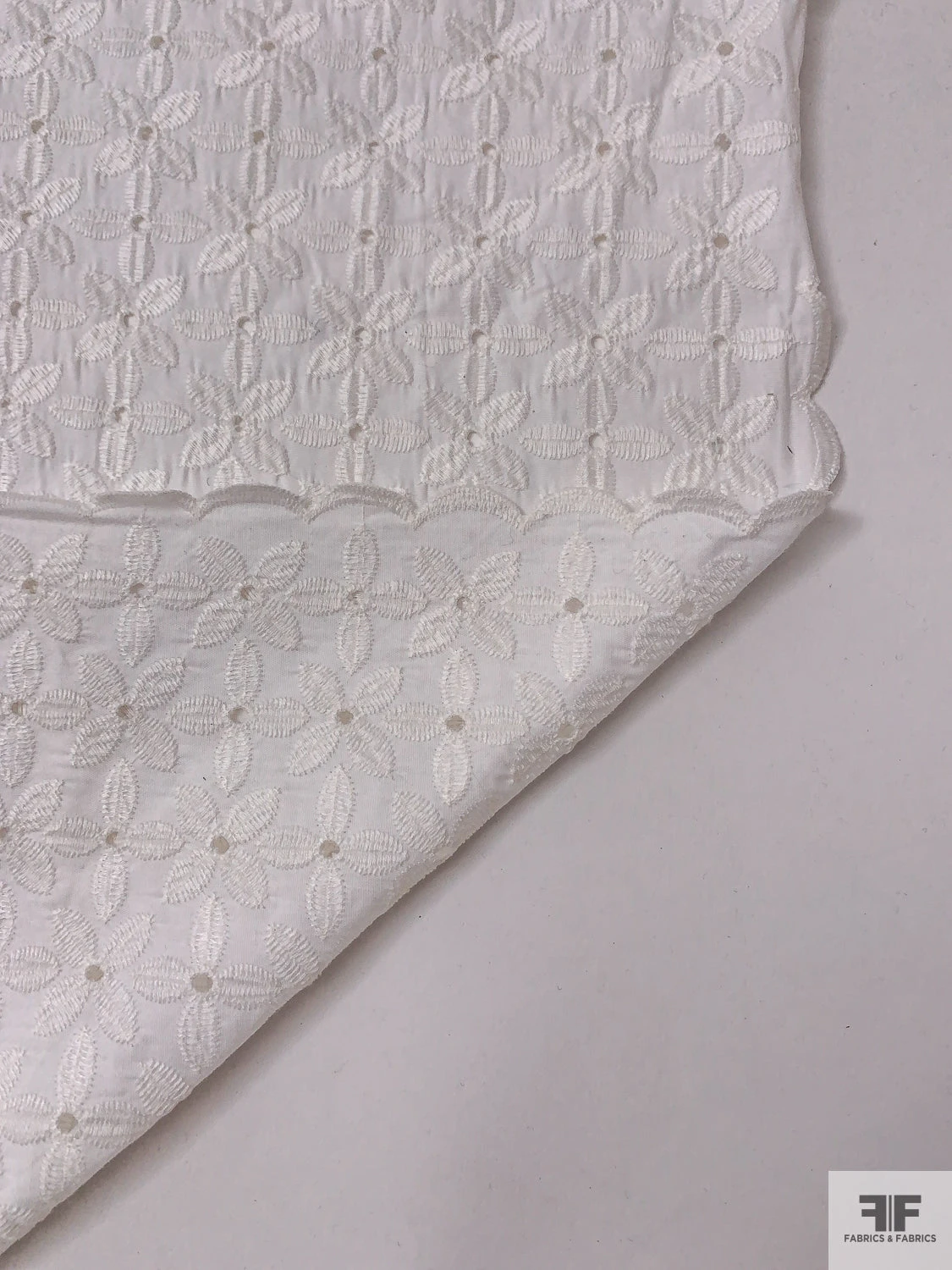 Double-Scalloped Floral Embroidered Cotton Eyelet - White 9 Double-Scalloped Floral Embroidered Cotton Eyelet - White - Image 7