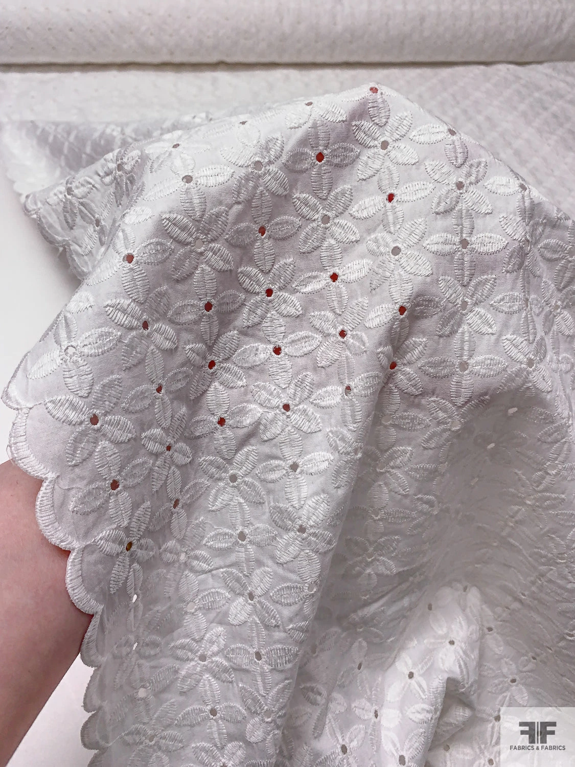 Double-Scalloped Floral Embroidered Cotton Eyelet - White 3 Double-Scalloped Floral Embroidered Cotton Eyelet - White