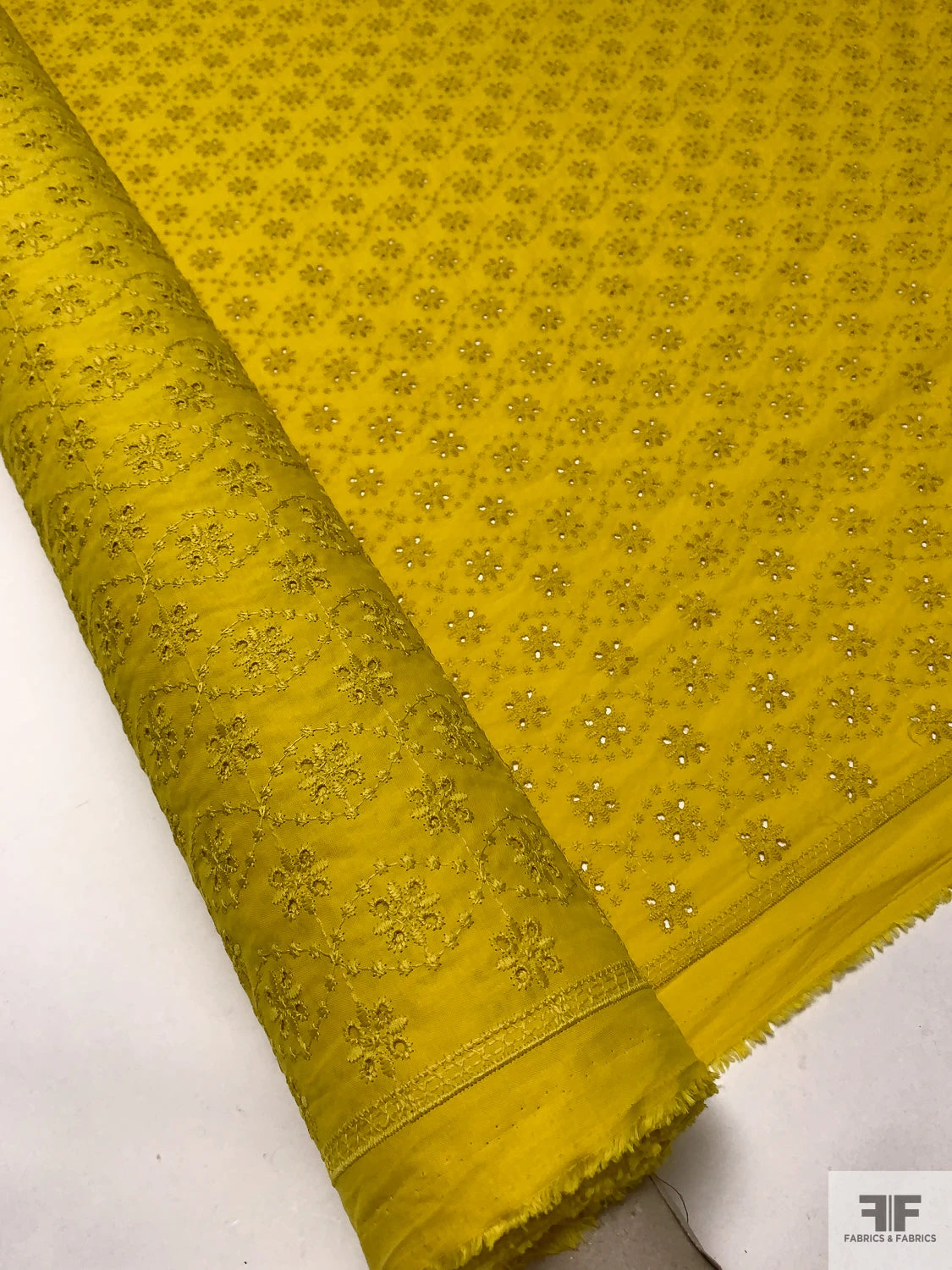 Floral Spiral Embroidered Eyelet Light Cotton Lawn - Mustard Yellow 12 Floral Spiral Embroidered Eyelet Light Cotton Lawn - Mustard Yellow - Image 10