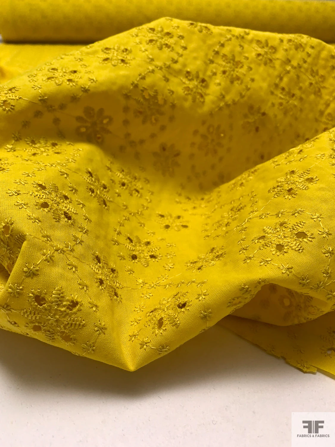 Floral Spiral Embroidered Eyelet Light Cotton Lawn - Mustard Yellow 11 Floral Spiral Embroidered Eyelet Light Cotton Lawn - Mustard Yellow - Image 9