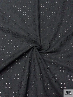 Floral Spiral Embroidered Eyelet Light Cotton Lawn - Black