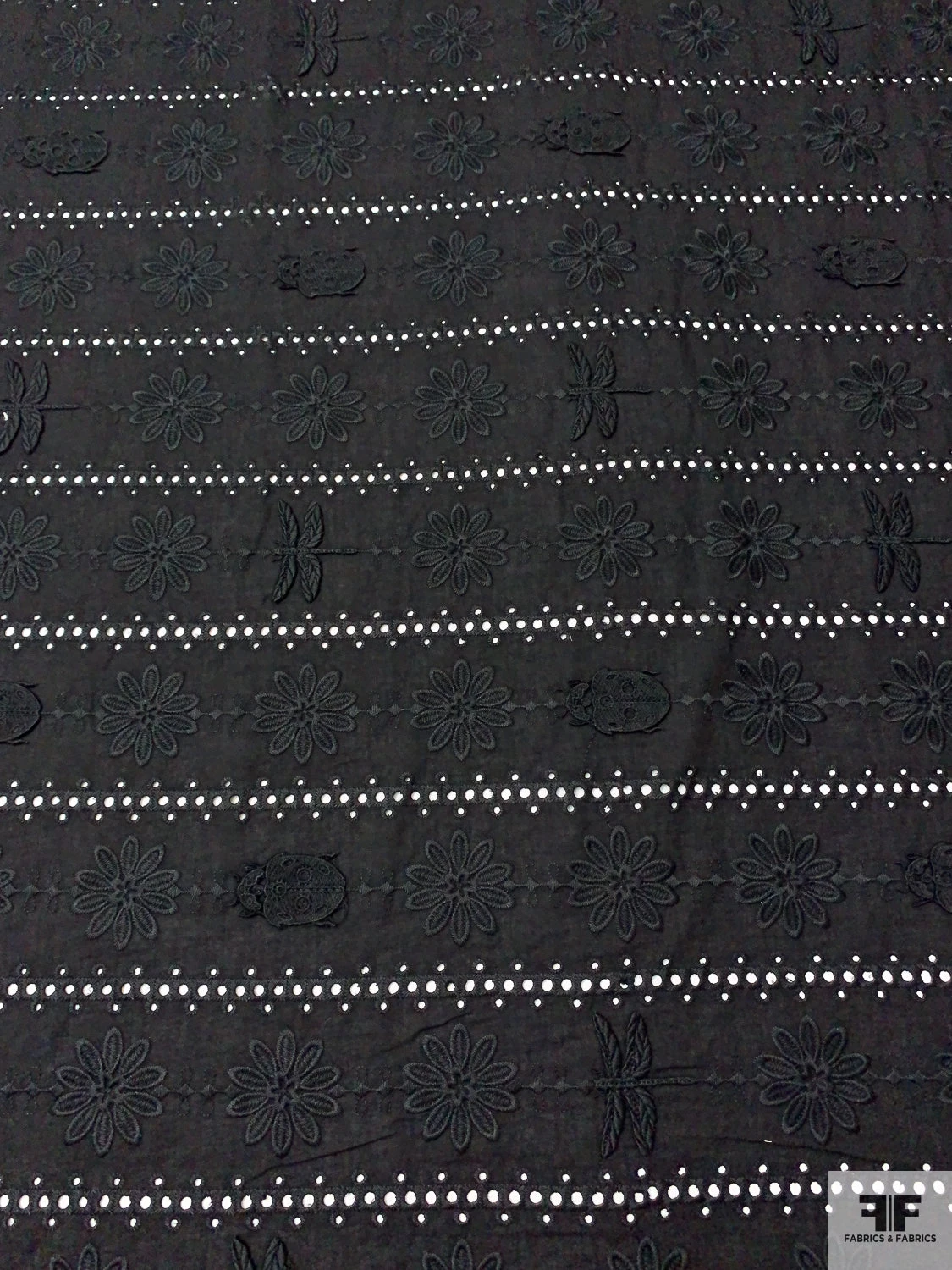 3D Appliquéd Ladybugs And Floral Embroidered Eyelet Cotton Lawn - Black 5 3D Appliquéd Ladybugs And Floral Embroidered Eyelet Cotton Lawn - Black - Image 3