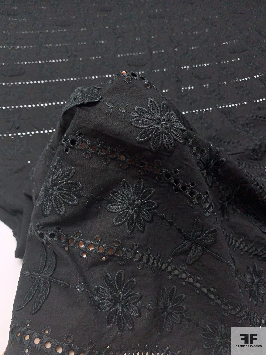 3D Appliquéd Ladybugs And Floral Embroidered Eyelet Cotton Lawn - Black 4 3D Appliquéd Ladybugs And Floral Embroidered Eyelet Cotton Lawn - Black - Image 2