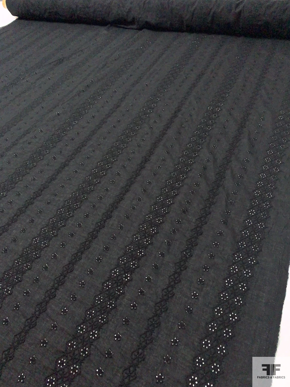 Geo-Striped Motif Embroidered Eyelet Cotton Voile - Black 9 Geo-Striped Motif Embroidered Eyelet Cotton Voile - Black - Image 7