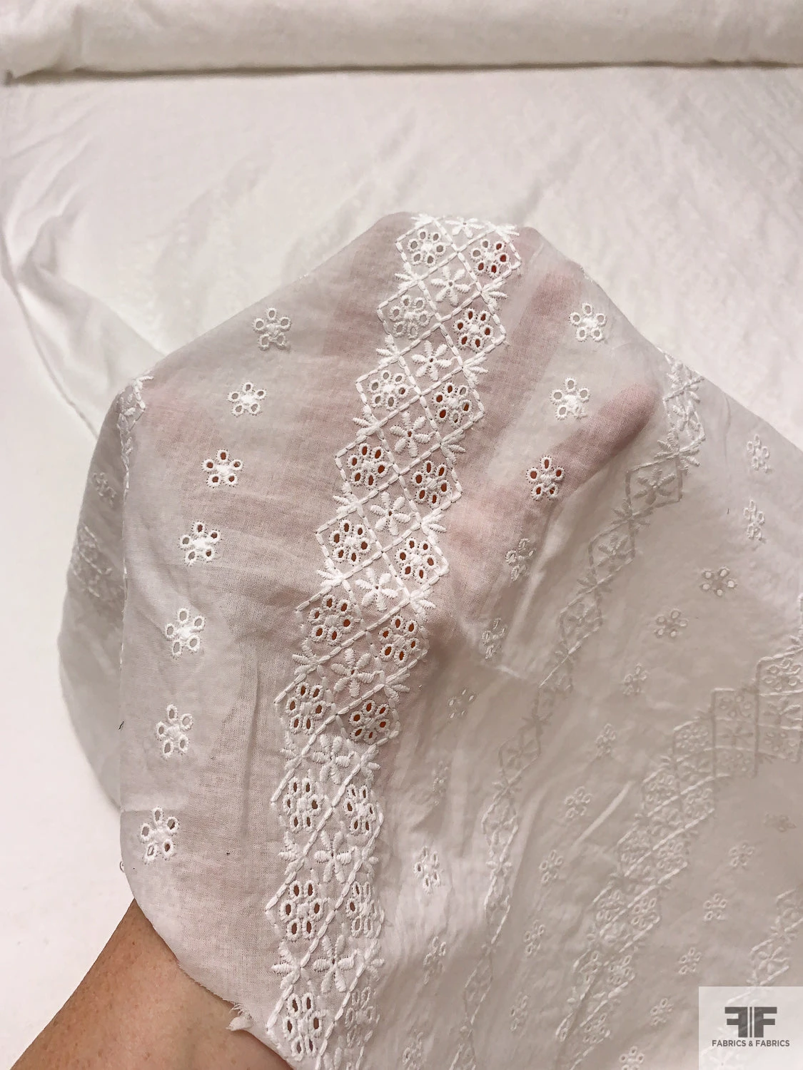 Geo-Striped Motif Embroidered Eyelet Cotton Voile - White 3 Geo-Striped Motif Embroidered Eyelet Cotton Voile - White