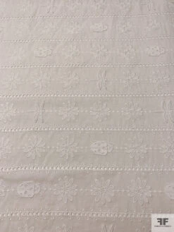 3D Appliquéd Ladybugs And Floral Embroidered Eyelet Heavy Cotton Voile - White