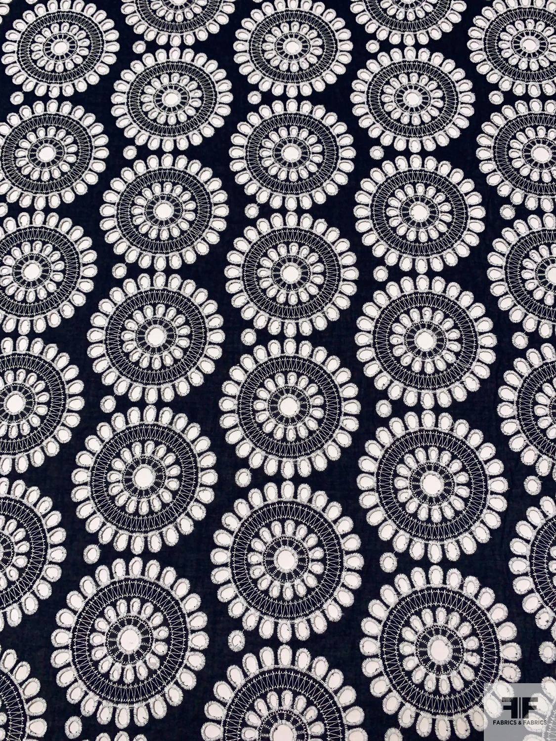 Floral Medallions Embroidered Eyelet Heavy Cotton Voile - Navy / White 4 Floral Medallions Embroidered Eyelet Heavy Cotton Voile - Navy / White - Image 2