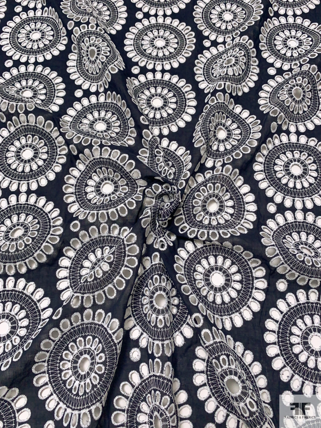 Floral Medallions Embroidered Eyelet Heavy Cotton Voile - Navy / White 5 Floral Medallions Embroidered Eyelet Heavy Cotton Voile - Navy / White - Image 3