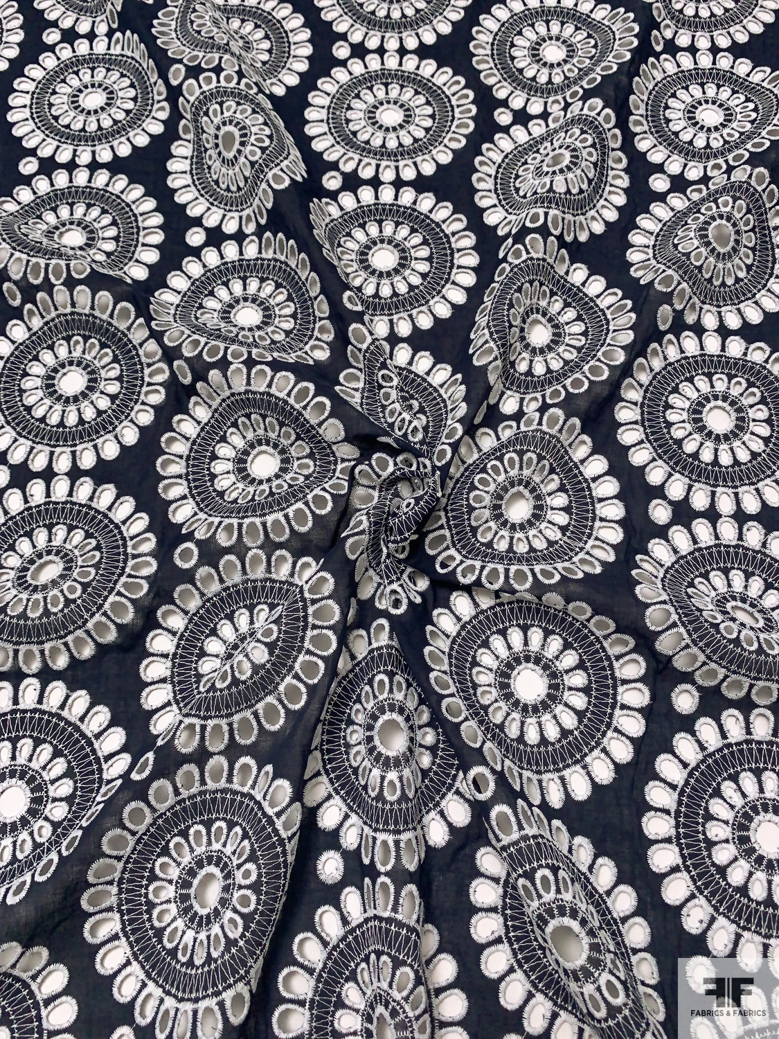 Floral Medallions Embroidered Eyelet Heavy Cotton Voile - Navy / White 6 Floral Medallions Embroidered Eyelet Heavy Cotton Voile - Navy / White - Image 4