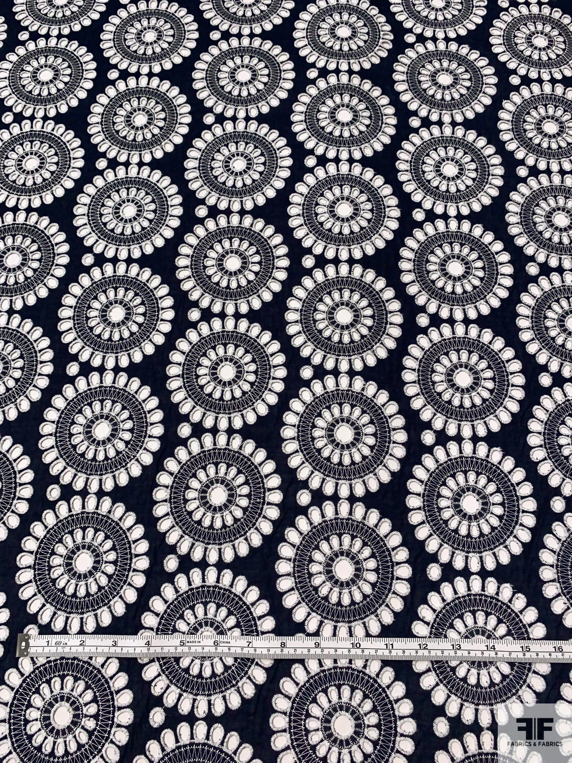 Floral Medallions Embroidered Eyelet Heavy Cotton Voile - Navy / White 7 Floral Medallions Embroidered Eyelet Heavy Cotton Voile - Navy / White - Image 5