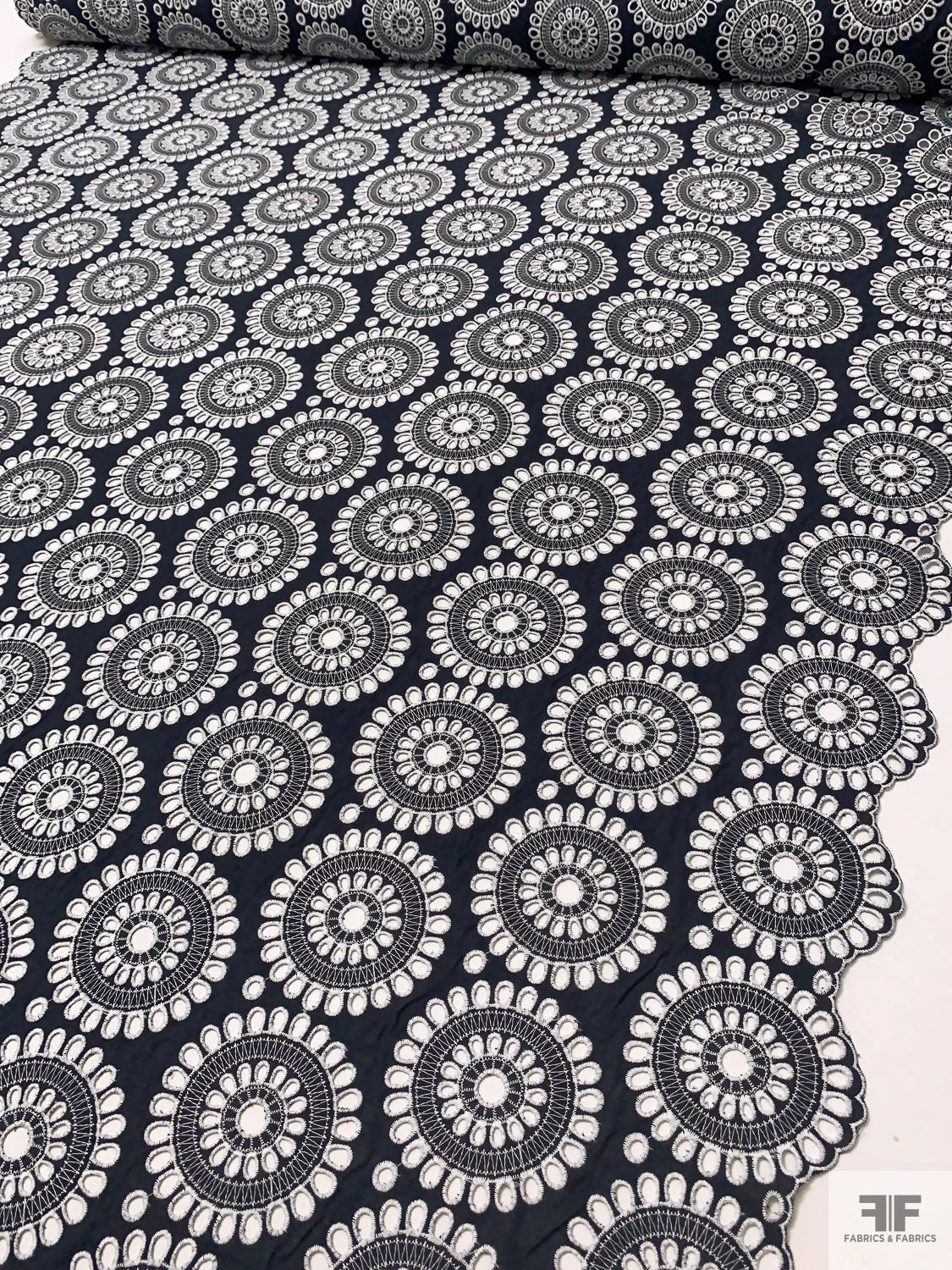 Floral Medallions Embroidered Eyelet Heavy Cotton Voile - Navy / White 9 Floral Medallions Embroidered Eyelet Heavy Cotton Voile - Navy / White - Image 7