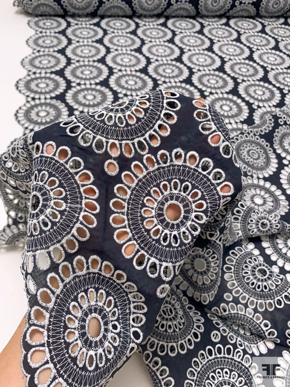 Floral Medallions Embroidered Eyelet Heavy Cotton Voile - Navy / White 3 Floral Medallions Embroidered Eyelet Heavy Cotton Voile - Navy / White