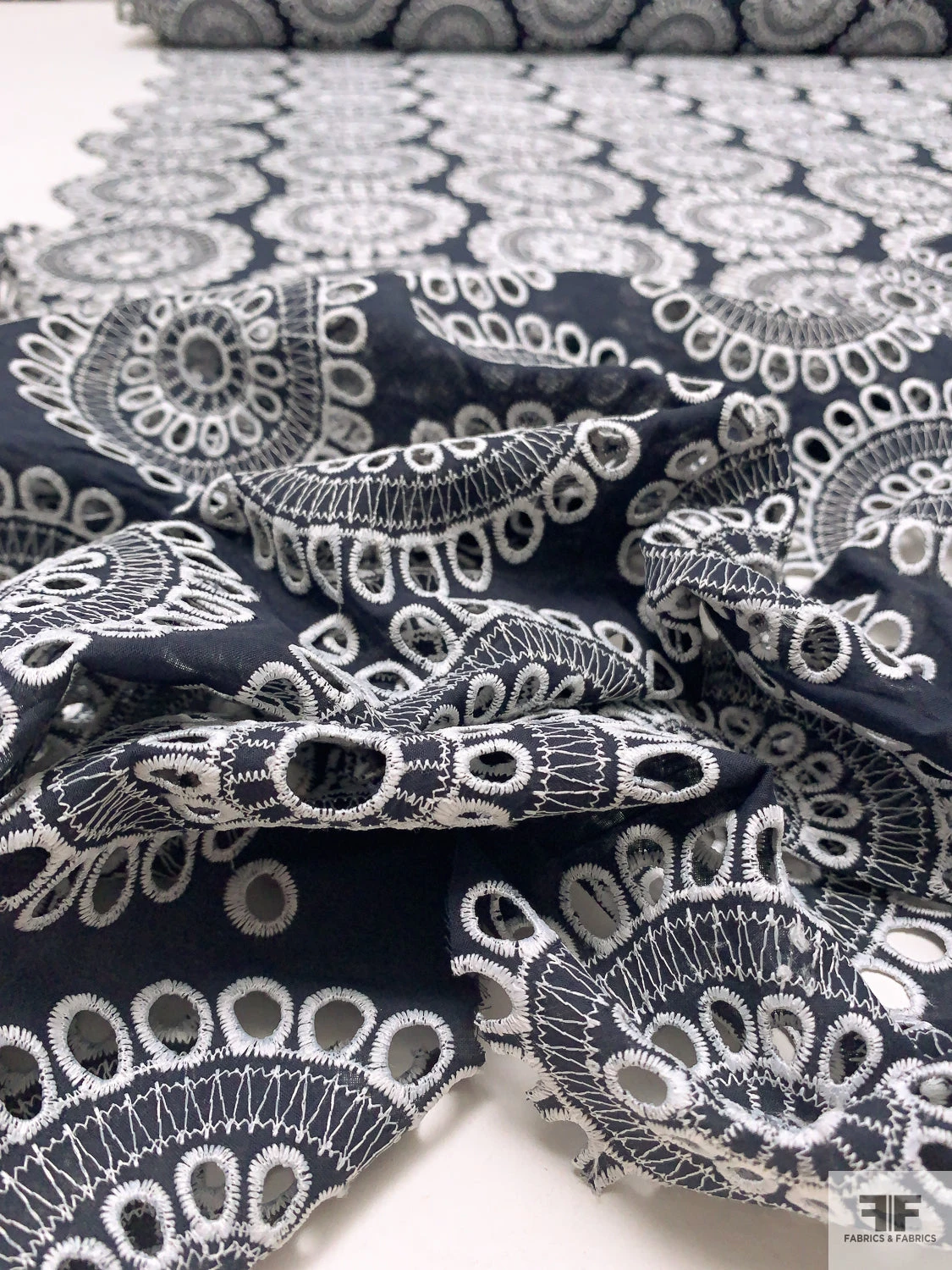 Floral Medallions Embroidered Eyelet Heavy Cotton Voile - Navy / White 11 Floral Medallions Embroidered Eyelet Heavy Cotton Voile - Navy / White - Image 9