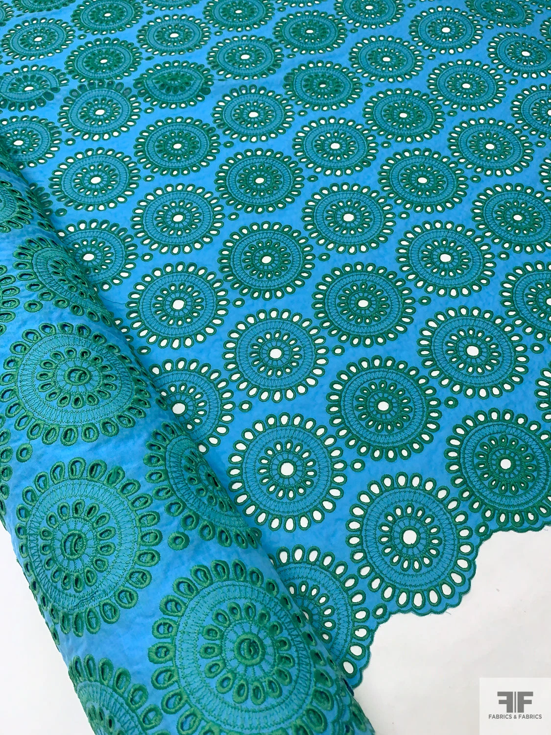 Floral Medallions Embroidered Eyelet Heavy Cotton Voile - Turquoise / Green 3 Floral Medallions Embroidered Eyelet Heavy Cotton Voile - Turquoise / Green