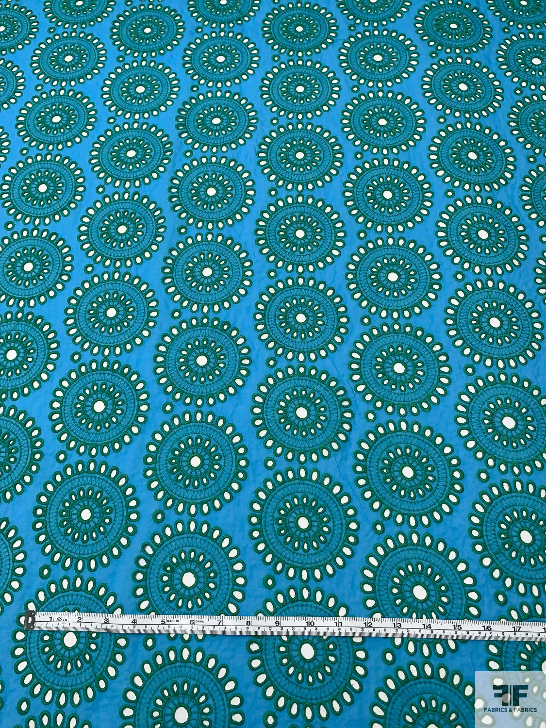 Floral Medallions Embroidered Eyelet Heavy Cotton Voile - Turquoise / Green 9 Floral Medallions Embroidered Eyelet Heavy Cotton Voile - Turquoise / Green - Image 7