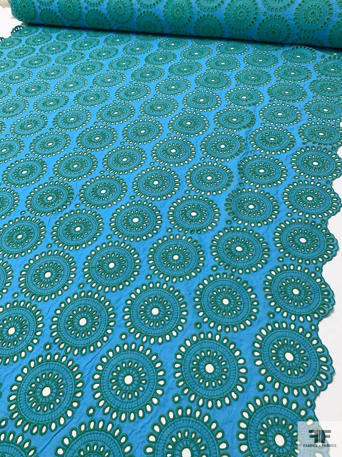 Floral Medallions Embroidered Eyelet Heavy Cotton Voile - Turquoise / Green 11 Floral Medallions Embroidered Eyelet Heavy Cotton Voile - Turquoise / Green - Image 9