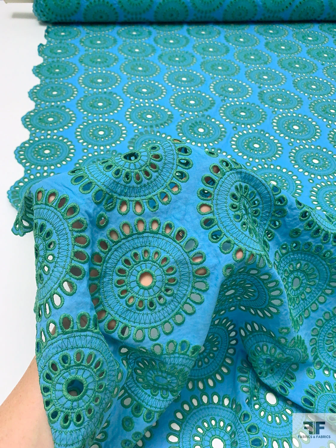 Floral Medallions Embroidered Eyelet Heavy Cotton Voile - Turquoise / Green 4 Floral Medallions Embroidered Eyelet Heavy Cotton Voile - Turquoise / Green - Image 2