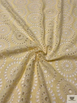 Floral Medallions Embroidered Eyelet Heavy Cotton Voile - Pale Yellow / White