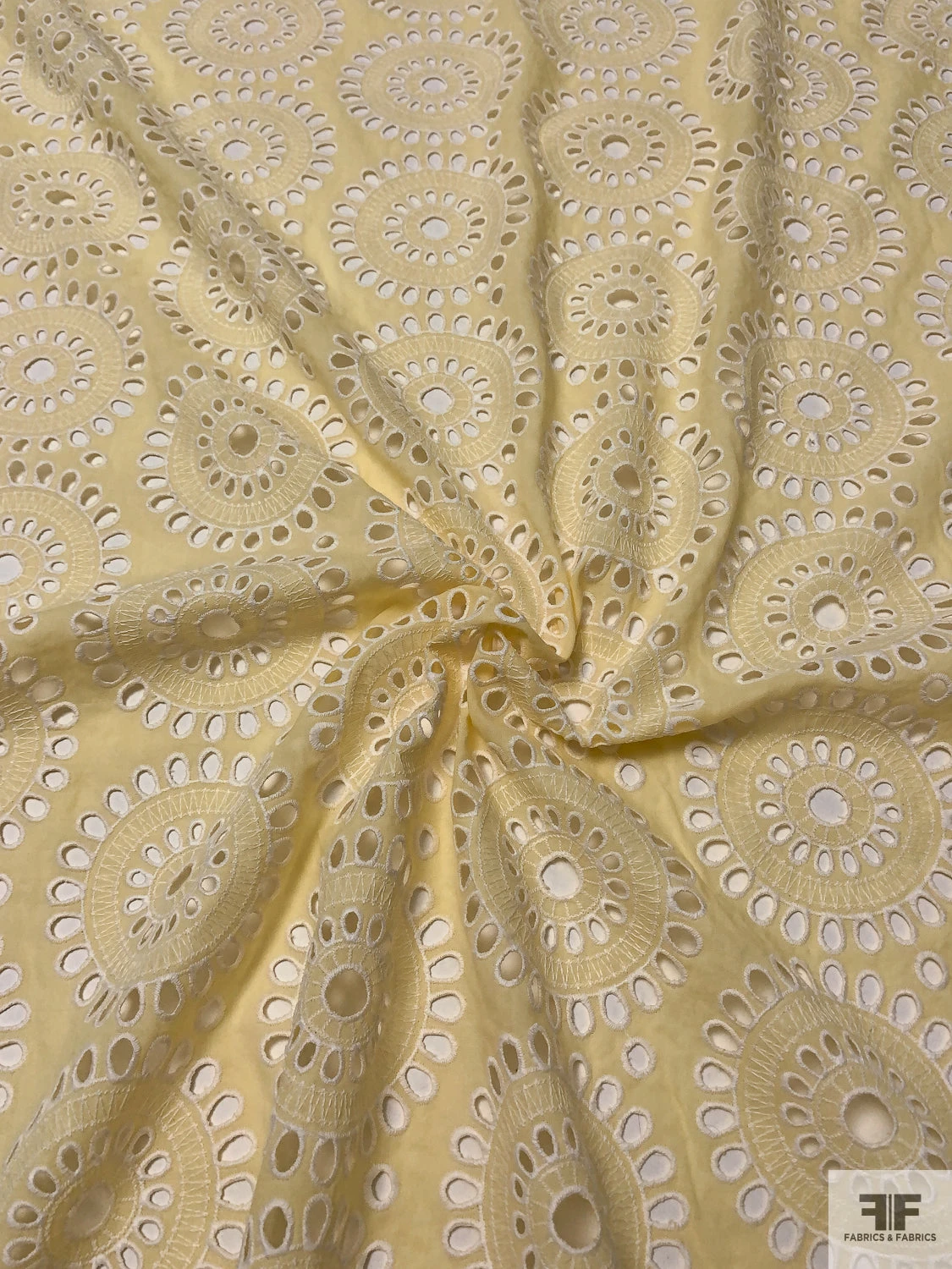 Floral Medallions Embroidered Eyelet Heavy Cotton Voile - Pale Yellow / White 3 Floral Medallions Embroidered Eyelet Heavy Cotton Voile - Pale Yellow / White
