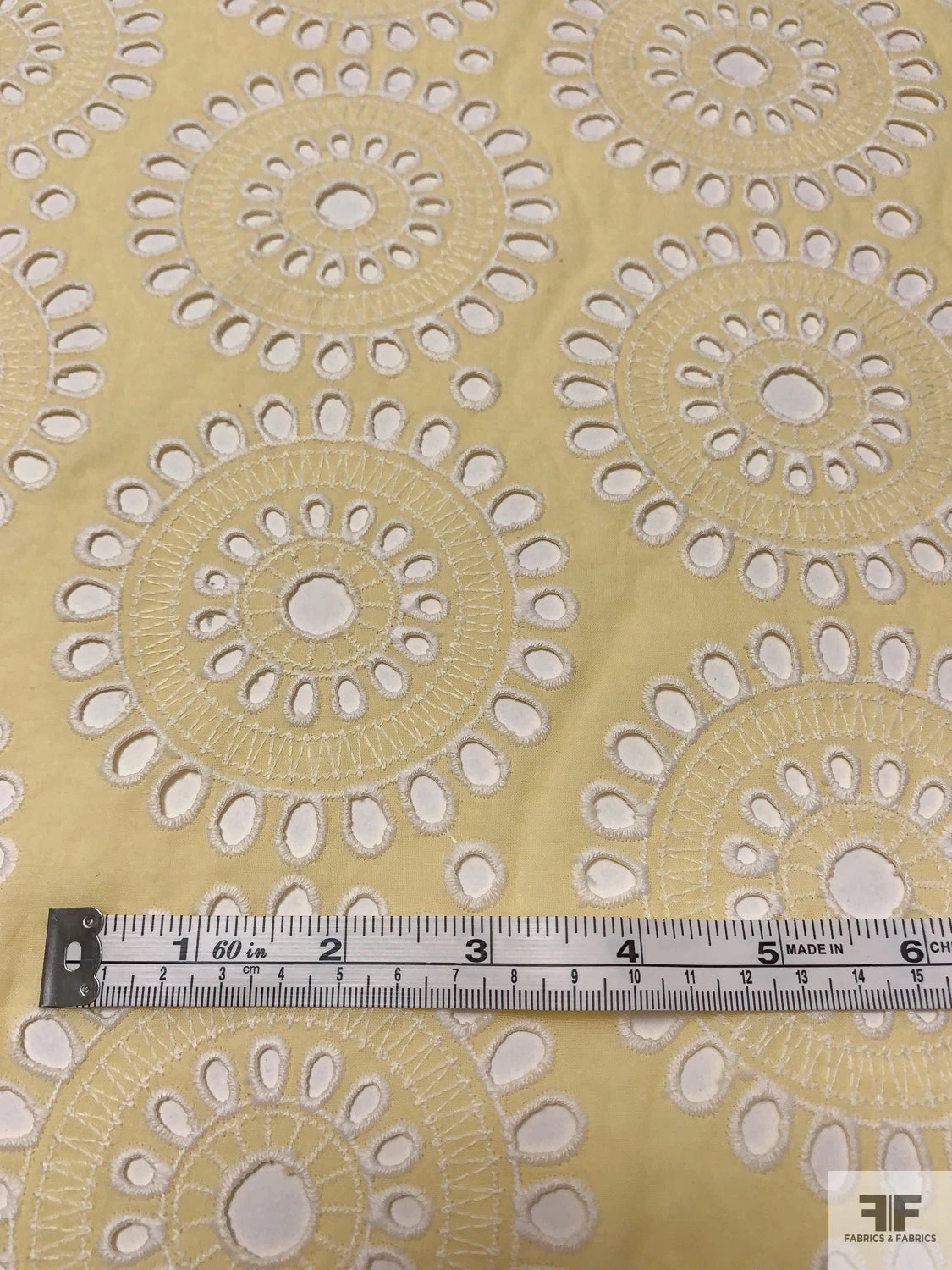 Floral Medallions Embroidered Eyelet Heavy Cotton Voile - Pale Yellow / White 9 Floral Medallions Embroidered Eyelet Heavy Cotton Voile - Pale Yellow / White - Image 7