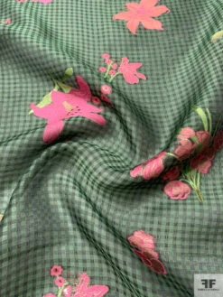 Italian Gingham Floral Fil Coupé Silk Gazar With Lurex Detailing - Cool Forest Green / Black / Pink
