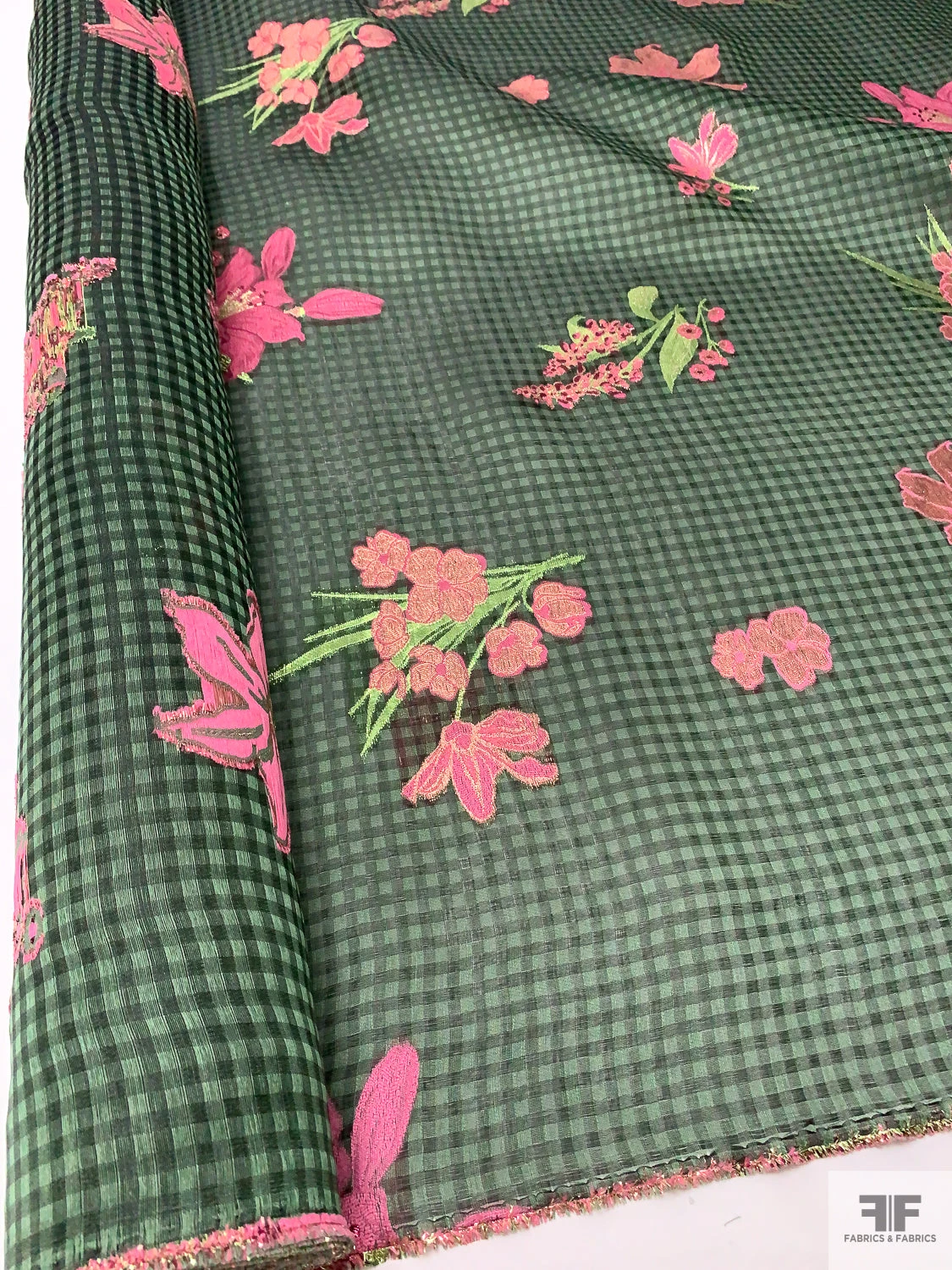 Italian Gingham Floral Fil Coupé Silk Gazar With Lurex Detailing - Cool Forest Green / Black / Pink 13 Italian Gingham Floral Fil Coupé Silk Gazar With Lurex Detailing - Cool Forest Green / Black / Pink - Image 11