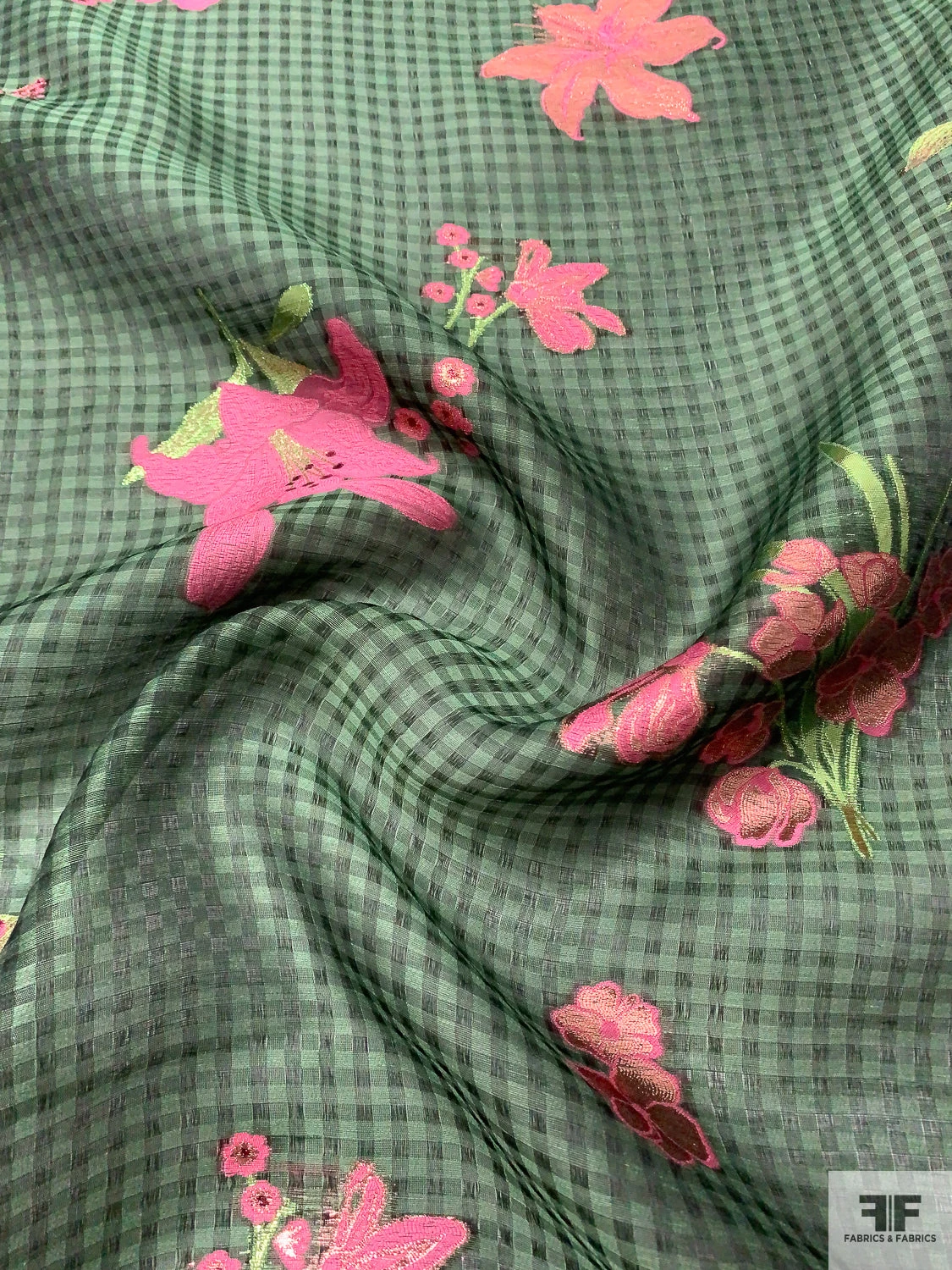 Italian Gingham Floral Fil Coupé Silk Gazar With Lurex Detailing - Cool Forest Green / Black / Pink 5 Italian Gingham Floral Fil Coupé Silk Gazar With Lurex Detailing - Cool Forest Green / Black / Pink - Image 3