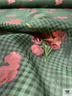 Italian Gingham Floral Fil Coupé Silk Gazar With Lurex Detailing - Cool Forest Green / Black / Pink 16 Italian Gingham Floral Fil Coupé Silk Gazar With Lurex Detailing - Cool Forest Green / Black / Pink -Fabrics And Fabrics Store 20457 3