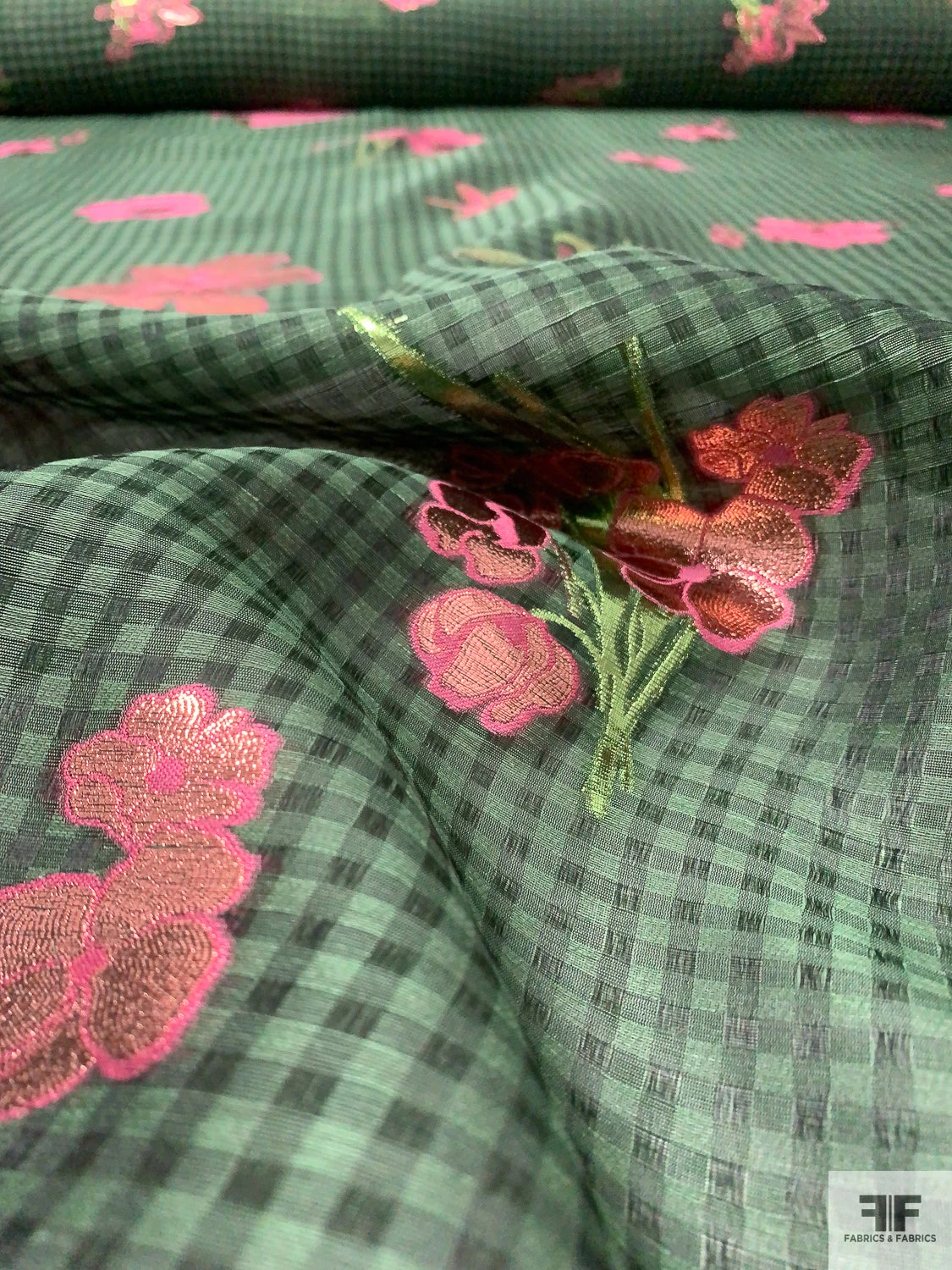 Italian Gingham Floral Fil Coupé Silk Gazar With Lurex Detailing - Cool Forest Green / Black / Pink 6 Italian Gingham Floral Fil Coupé Silk Gazar With Lurex Detailing - Cool Forest Green / Black / Pink - Image 4
