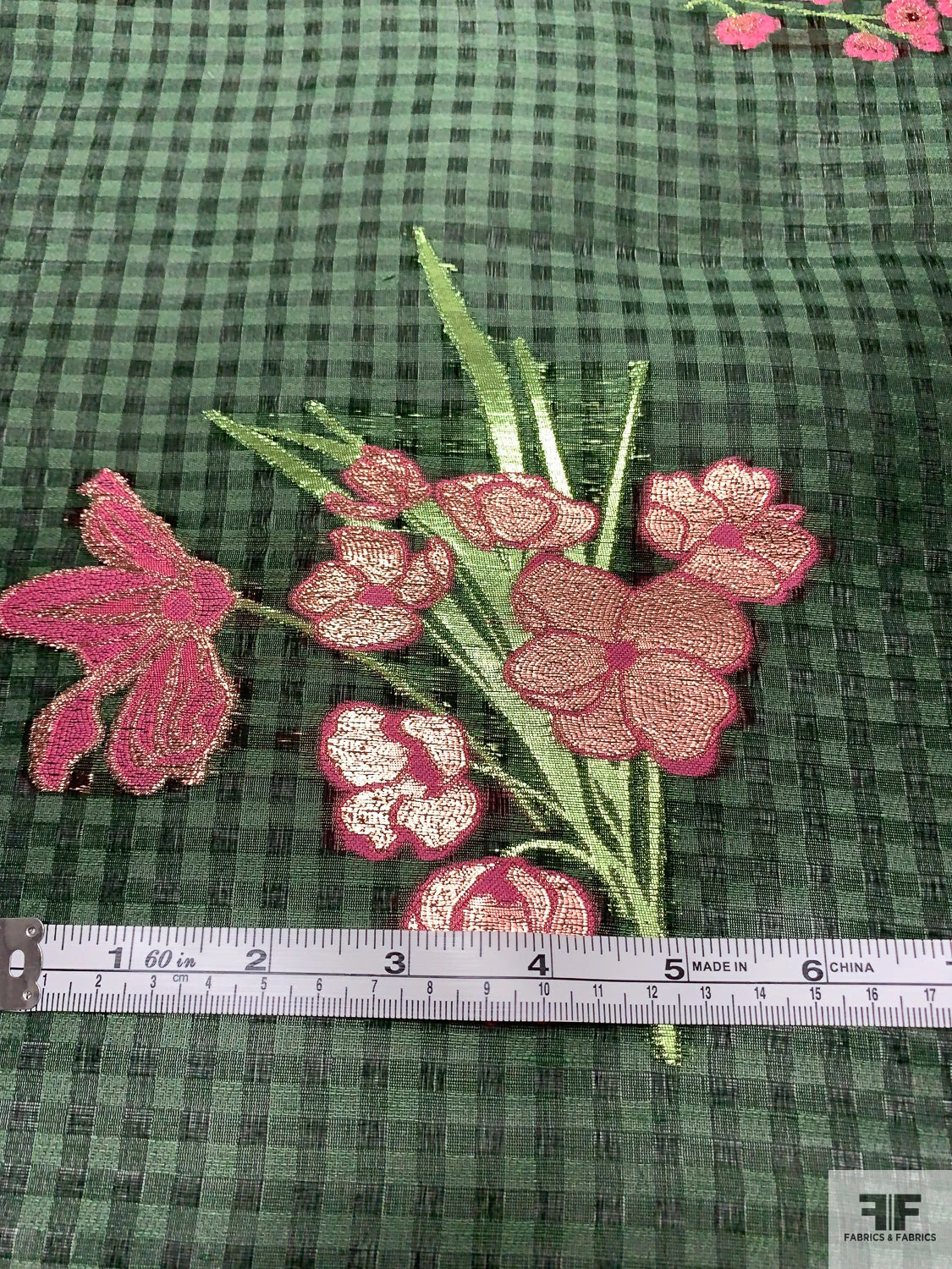 Italian Gingham Floral Fil Coupé Silk Gazar With Lurex Detailing - Cool Forest Green / Black / Pink 9 Italian Gingham Floral Fil Coupé Silk Gazar With Lurex Detailing - Cool Forest Green / Black / Pink - Image 7