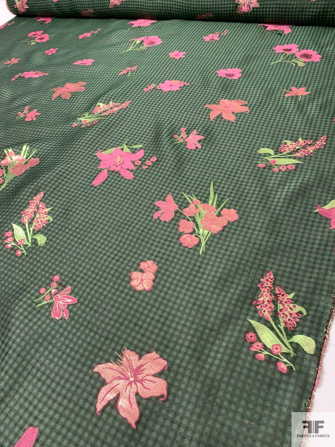 Italian Gingham Floral Fil Coupé Silk Gazar With Lurex Detailing - Cool Forest Green / Black / Pink 10 Italian Gingham Floral Fil Coupé Silk Gazar With Lurex Detailing - Cool Forest Green / Black / Pink - Image 8